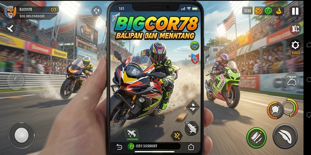 Tampilan gameplay balapan motor yang menarik dan mendebarkan.