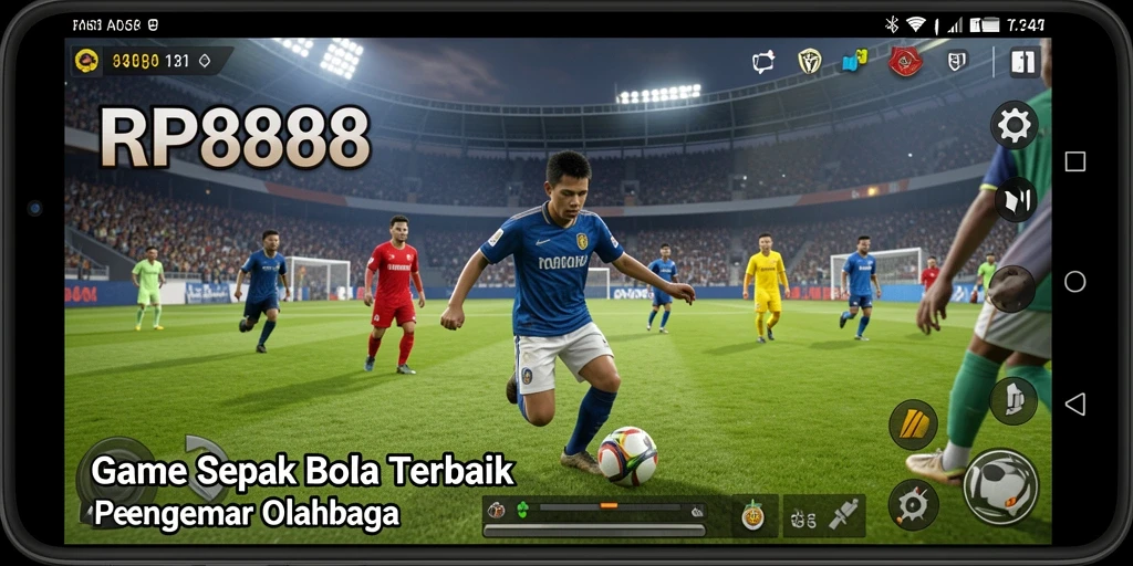 Screenshot gameplay RP8888 yang menunjukkan aksi mendebarkan di lapangan sepak bola.